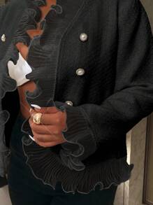 Celure Plus Size Elegant Plain Color Ruffle Collar Double Breasted Jacket, Autumn - Black - View 6