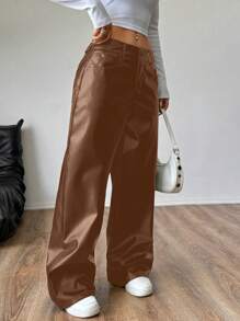 SHEIN Unity PU 皮革休闲时尚金属宽松直筒裤