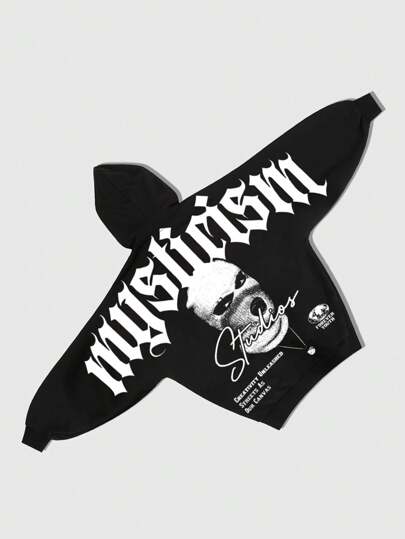 ROMWE MEN Street Life 男士休闲图案字母印花拉链连帽衫，秋季款，长袖上衣