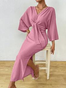 Celisse Đầm Maxi thường ngày tay cánh dơi thắt nút màu trơn thanh lịch dành cho nữ - Hồng - Xem 6