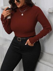 SHEIN Clasi 大码纯色高领长袖仿珍珠装饰简约休闲套头毛衣，适合冬季和秋季穿着。 - 橘色 - 查看 5