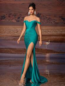 Women's Glamorous Rhinestone Off-Shoulder Ruched High Slit Evening Gown, Party Dress, Elegant Formal Prom Dress, For Wedding Guest, Graduation, Dinner - Green - View 8