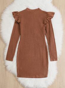 SHEIN Leap Crew 少女咖啡棕色大地色高领盖袖荷叶边下摆纹理针织修身复古休闲百搭连衣裙 - 咖啡棕 - 查看 2