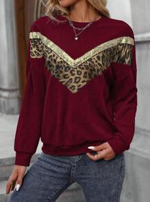 SHEIN LUNE Women Sequin Leopard Print Spliced Drop Shoulder Crew Neck Long Sleeve Sweatshirt, Autumn