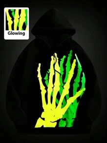 ROMWE MEN Street Life Men's Gothic Skeleton Hand Glow In The Dark Print Hoodie, Halloween - Black - View 1