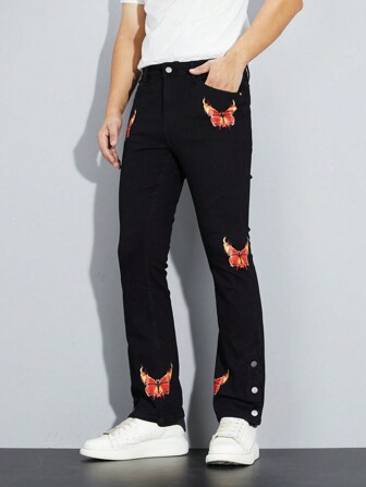 Manfinity Roughcore Men's Casual Butterfly Print Slant Pocket Jeans, Spring/Autumn Slim Fit Black Jeans, For Husband, Boyfriend Gifts
