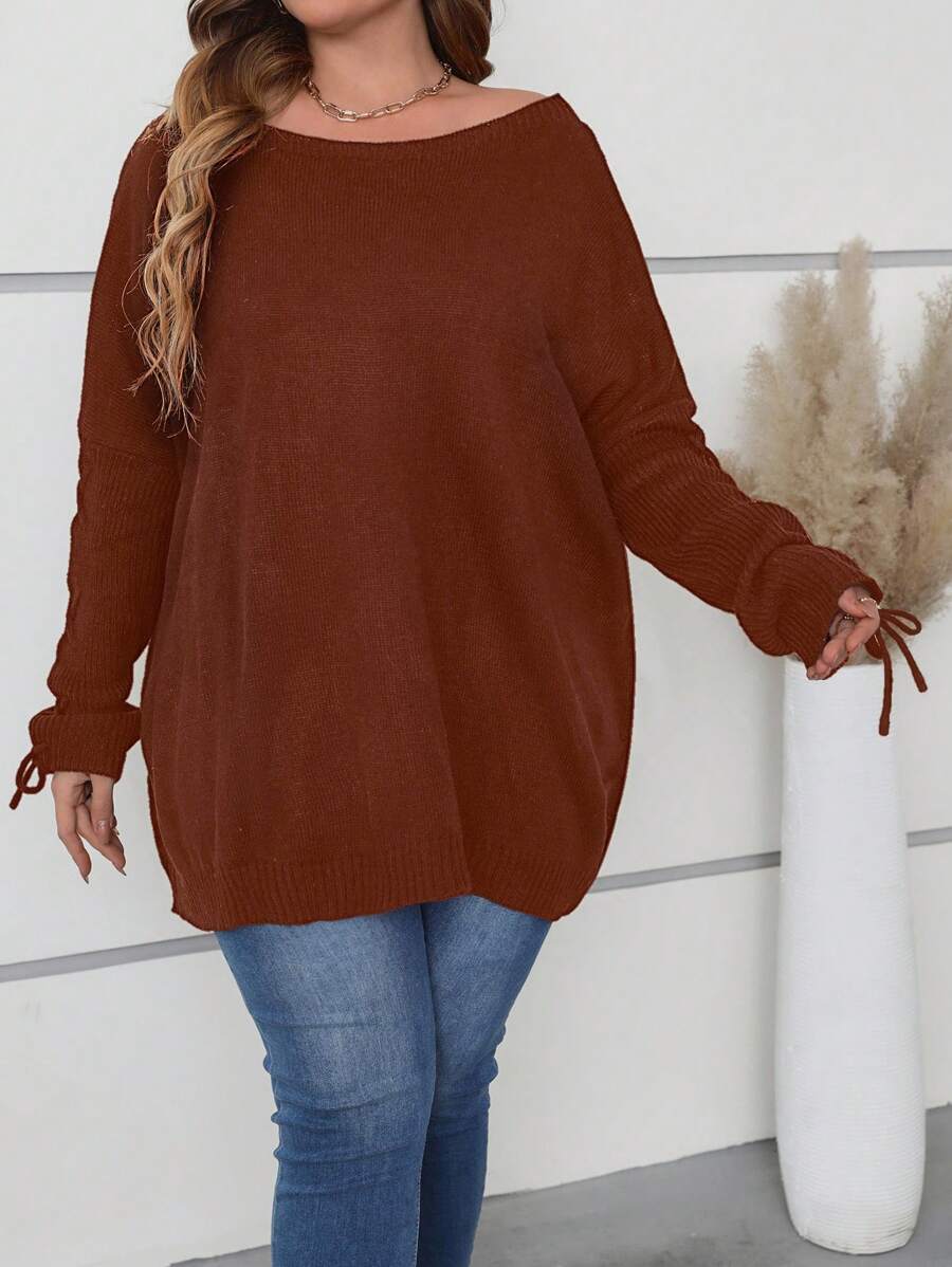 SHEIN LUNE Damen Pullover in Große Größen, einfarbig, gestrickt, lässig, locker, bequem, Bootsausschnitt, Bindedetail, knielang, Herbst/Winter - Rostbraun - Übersicht 1
