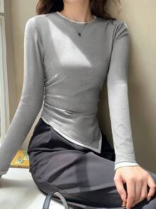 Chiquease 条纹拼布圆领 T 恤，时尚二合一紧身 T 恤，不对称下摆罗纹女式上衣 - 灰色 - 查看 6