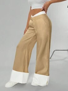 SHEIN Unity 女式阔腿设计高端休闲裤带口袋 - 卡其色 - 查看 3