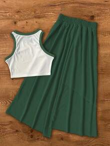 2pcs Women's Contrast Rib Knit Casual Sleeveless Top And Asymmetric Drawstring Waist Maxi Skirt Set, 120g Knit Fabric - Army Green - View 2