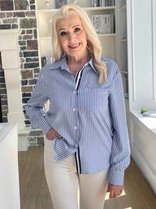 EMERY ROSE Classic Webbing Decor Striped Long Sleeve Women Shirt