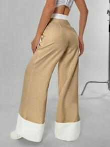 SHEIN Unity 女式阔腿设计高端休闲裤带口袋 - 卡其色 - 查看 2