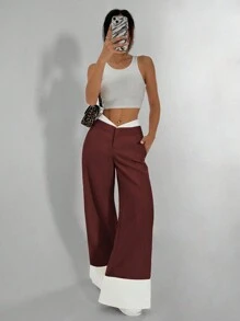 SHEIN Unity Women's Autumn Casual Contrast Color Slant Pocket Wide Leg Trouser - Burgundy - View 6