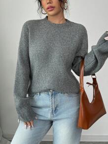SHEIN Unity Women Deep Gray Round Neck Drop Shoulder Thick Warm Pullover Sweater Knit Pullover Fall Winter - Dark Grey - View 4