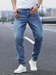 Manfinity Homme Men's Pocket Detail Skinny Casual Jeans, Plain Dark Blue Slim Fit Long Dark Wash Jeans Washed Cargo Jeans, For Husband, Boyfriend Gifts Going Out Hang Out Commute Street Party