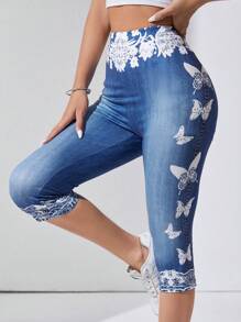 SHEIN LUNE 牛仔效果弹力腰部七分裤 - 彩色 - 查看 1