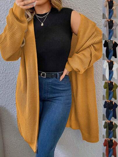  EMERY ROSE Plus Size Women Yellow Solid Color Knit Cardigan Sweater, Off Shoulder Long Sleeve Loose Casual, Suitable For Spring, Autumn And Winter, Cloth For Women,Women's Knitted Coat, Mid-Length Style, Length Style,Women Sweater,Christmas, Party, Red,Spring/Autumn/Winter
