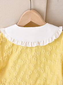 襯領和3D花裝飾紋理襯衫和牛仔褲2件組適合青少年女孩，春夏季 - 黃色 - 查看 4