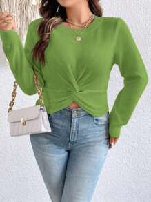 SHEIN Clasi Plus Size Women Crew Neck Twist Knot Casual Pullover Sweater, Autumn/Winter Knit Pullover Fall - Green - View 4
