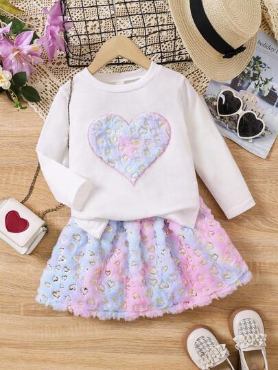 SHEIN 2 件套女孩时尚休闲不对称下摆舒适温暖时尚紫色服装，适合外出、度假、日常穿着、秋季和春季