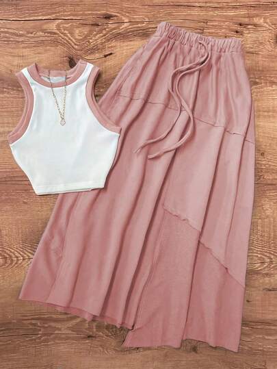 2pcs/Set Women Contrast Color Sleeveless T-Shirt And Mini Skirt
