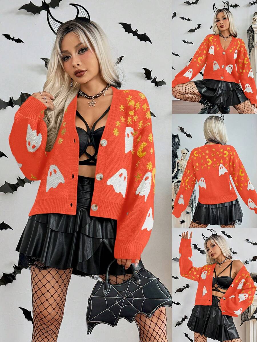 Chiquease 女士 V 领纽扣长袖万圣节卡通鬼月星印花开衫 - 彩色 - 查看 1