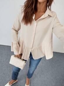 Chiquease Women Ruffled Sleeve Pleated Hem Casual Blouse, Spring & Autumn Fall Cloth For Women