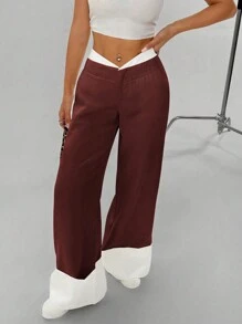 SHEIN Unity Women's Autumn Casual Contrast Color Slant Pocket Wide Leg Trouser - Burgundy - View 4