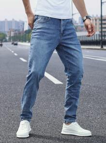 Manfinity Homme Men's Pocket Detail Skinny Casual Jeans, Plain Dark Blue Slim Fit Long Dark Wash Jeans Washed Cargo Jeans, For Husband, Boyfriend Gifts Going Out Hang Out Commute Street Party