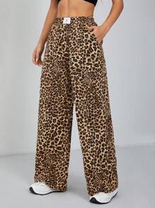 SHEIN PETITE Women's Wide-Leg Street Pants In Leopard Print Woven - Multicolor - View 3