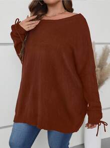 SHEIN LUNE Damen Pullover in Große Größen, einfarbig, gestrickt, lässig, locker, bequem, Bootsausschnitt, Bindedetail, knielang, Herbst/Winter - Rostbraun - Übersicht 5