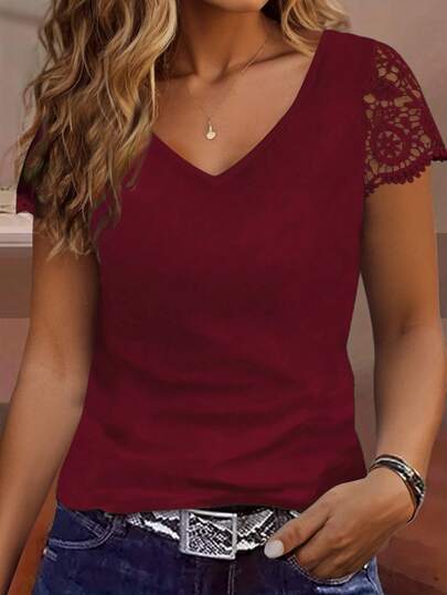 EMERY ROSE Casual Versatile Solid Color Lace Patchwork Short Sleeve T-Shirt