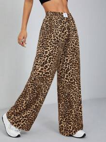 SHEIN PETITE Women's Wide-Leg Street Pants In Leopard Print Woven - Multicolor - View 7