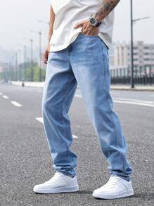 Manfinity Homme Men's Casual Faded Tapered Baggy Denim Jeans, Plain Jeans Long Straight Leg Light Blue Washed Cargo Jeans, For Husband, Boyfriend Gifts, Loose Jeans Pants For Men Going Out Hang Out Commute Vacation Urban - Light Wash - View 8