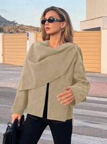 SHEIN Essnce 2024 Herbst Damen Flughafen Mode lässige, weite, vielseitige schwarze Woll-Jacke Design Einteiliges Schal kurze Strickjacke Winter warme Woll-Jacke