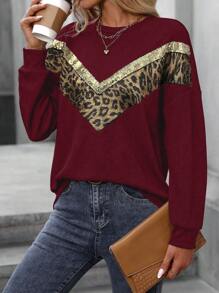 SHEIN LUNE Women Sequin Leopard Print Spliced Drop Shoulder Crew Neck Long Sleeve Sweatshirt, Autumn