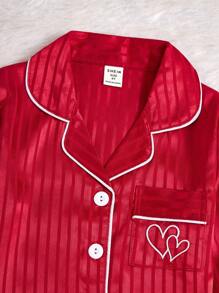 Girls Striped Heart Pattern Embroidered Long Sleeve Loungewear Set, Comfortable Home Wear