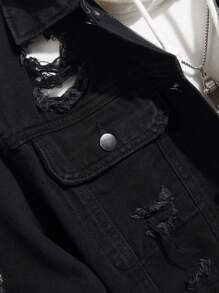 Manfinity Homme Men's Solid Color Front Button Ripped Casual Long Sleeve Denim Jacket, For Fall