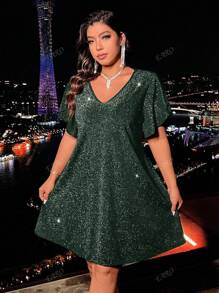 Plus Size Women Elegant V-Neck Petal Sleeve Glitter Mini Dress, Summer