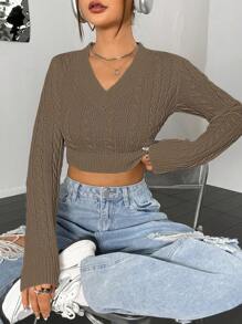 Flirla Women's Solid Color V-Neck Long Sleeve Cropped Sweater For Autumn/Winter Knit Pullover Fall - Camel - View 5