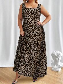 SHEIN Unity Robe moulante maxi à bretelles spaghetti imprimé léopard pour femmes grandes tailles - Tabac - Voir 3