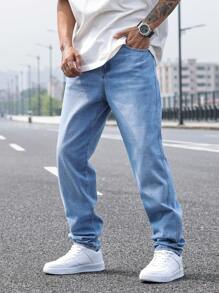 Manfinity Homme Men's Casual Faded Tapered Baggy Denim Jeans, Plain Jeans Long Straight Leg Light Blue Washed Cargo Jeans, For Husband, Boyfriend Gifts, Loose Jeans Pants For Men Going Out Hang Out Commute Vacation Urban - Light Wash - View 4