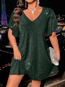 Plus Size Women Elegant V-Neck Petal Sleeve Glitter Mini Dress, Summer