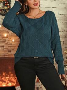 SHEIN LUNE Plus Size Solid Color Crew Neck Casual Pullover Sweater, Winter Knit Pullover Fall - Green - View 5