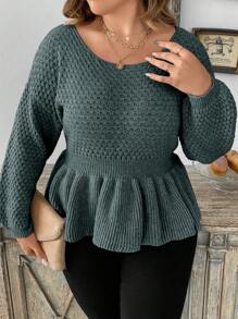 SHEIN LUNE Plus Size Women Solid Color Drop Shoulder Long Sleeve Ruffle Hem Pullover Sweater, Autumn/Winter Knit Pullover Fall Sweater - Green - View 1