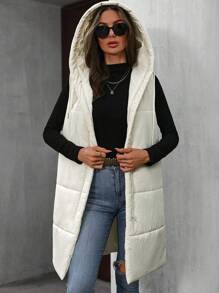 SHEIN LUNE 连帽无袖加厚棉服外套带口袋，冬季保暖服装 - 杏色 - 查看 6