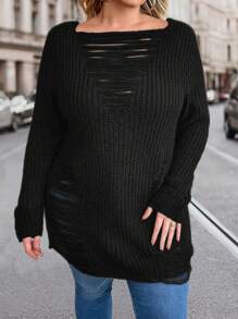 SHEIN CURVE+ 大码休闲圆领破洞宽松针织毛衣，适合秋冬季