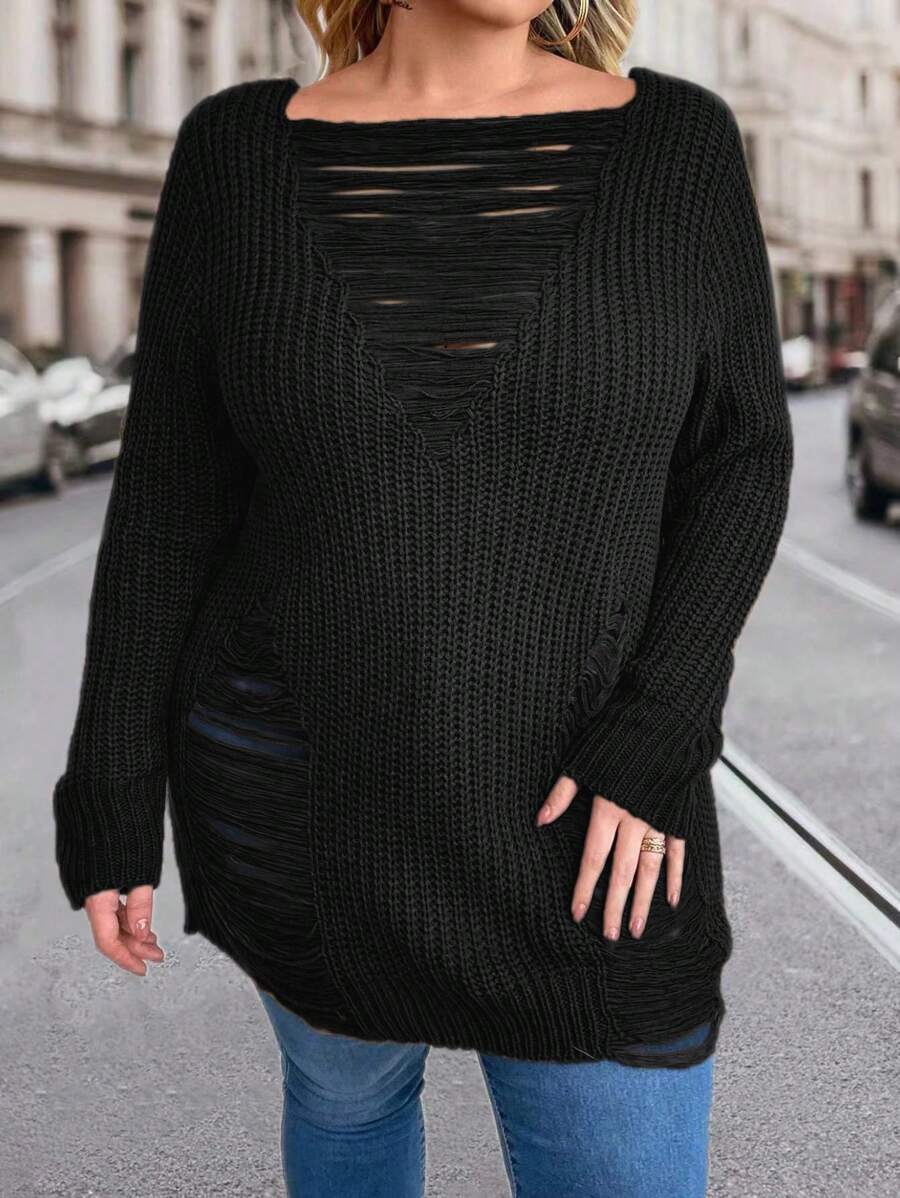 SHEIN CURVE+ 大码休闲圆领破洞宽松针织毛衣，适合秋冬季