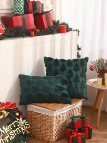 1pc Christmas Tree Pattern Plush Cushion Cover, Autumn/Winter Christmas Decor - Dark Green - View 1