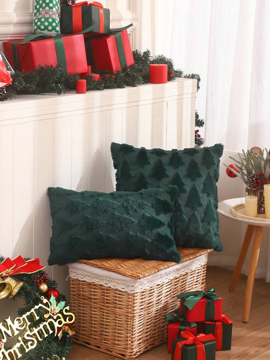 1pc Christmas Tree Pattern Plush Cushion Cover, Autumn/Winter Christmas Decor - Dark Green - View 1
